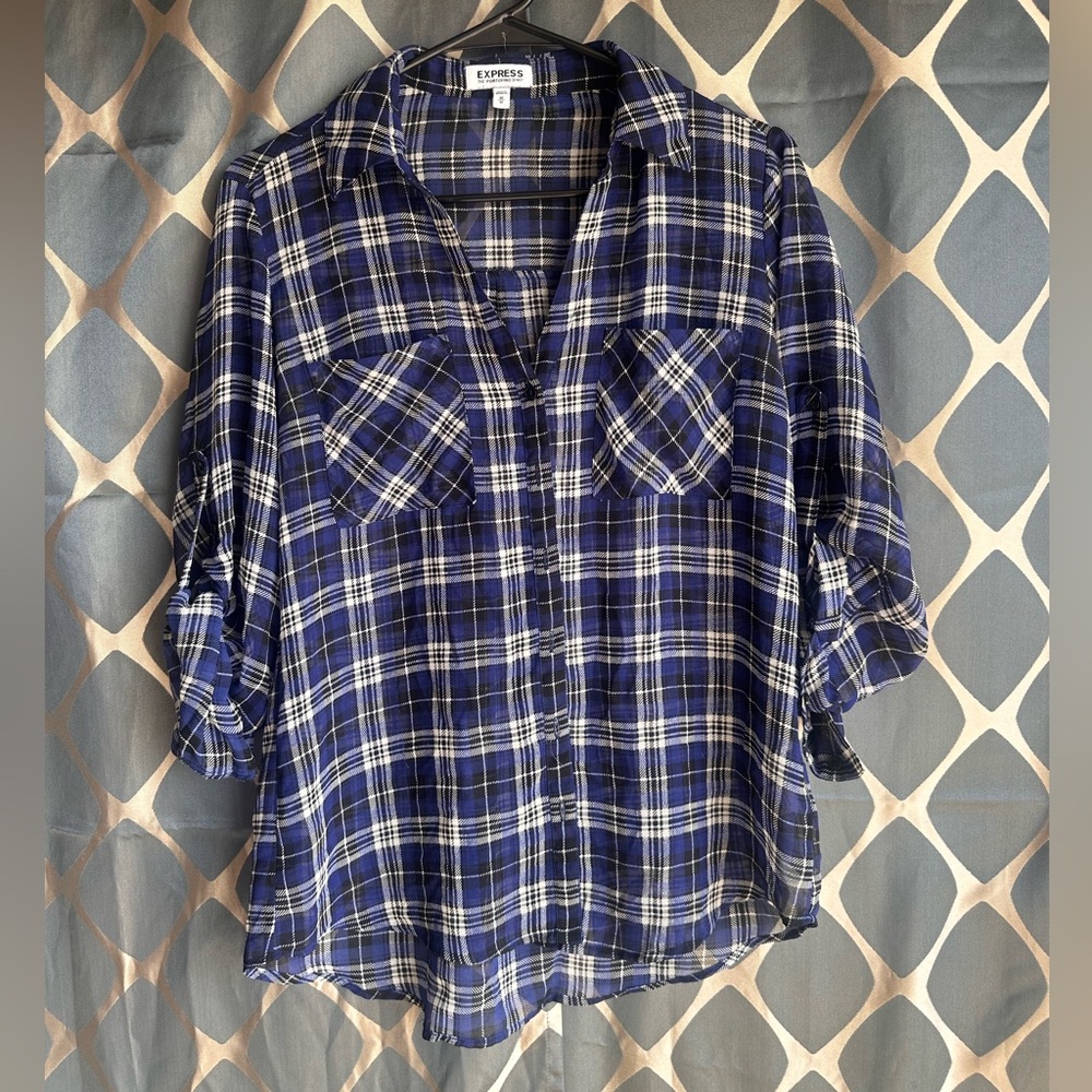 Express women medium blue plaid see-through long sleeves or 3/4 button up